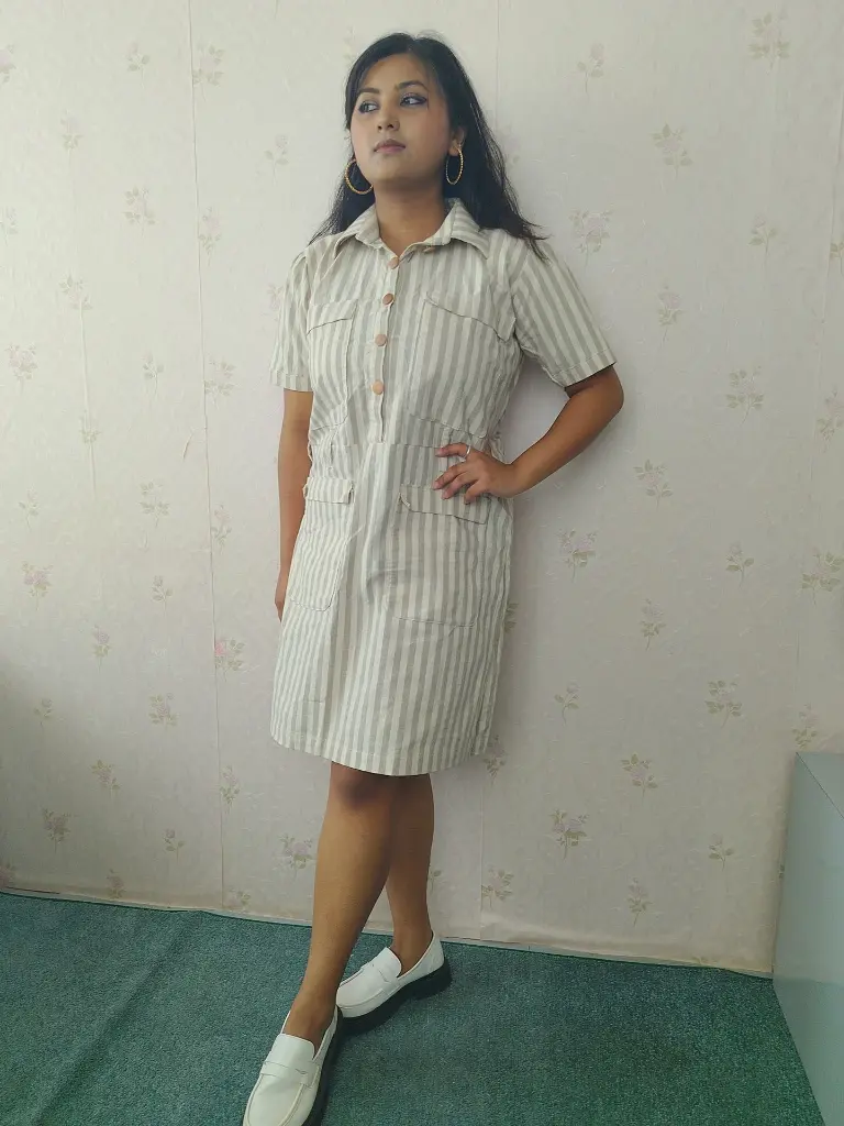 028 Shirt style grey white striped knee length buttoned skirt (4).webp