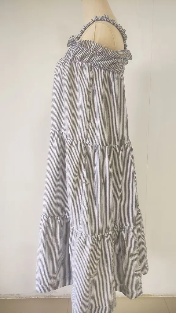 57 cotton white with black stripes with sleeveless ruffle long skirt (2).webp