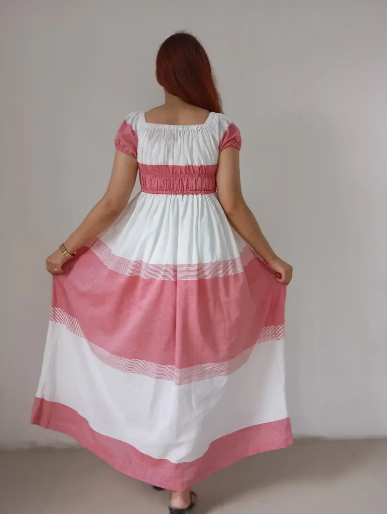 067 Cotton white pink horizontal pattern ruffle long dress (3).webp