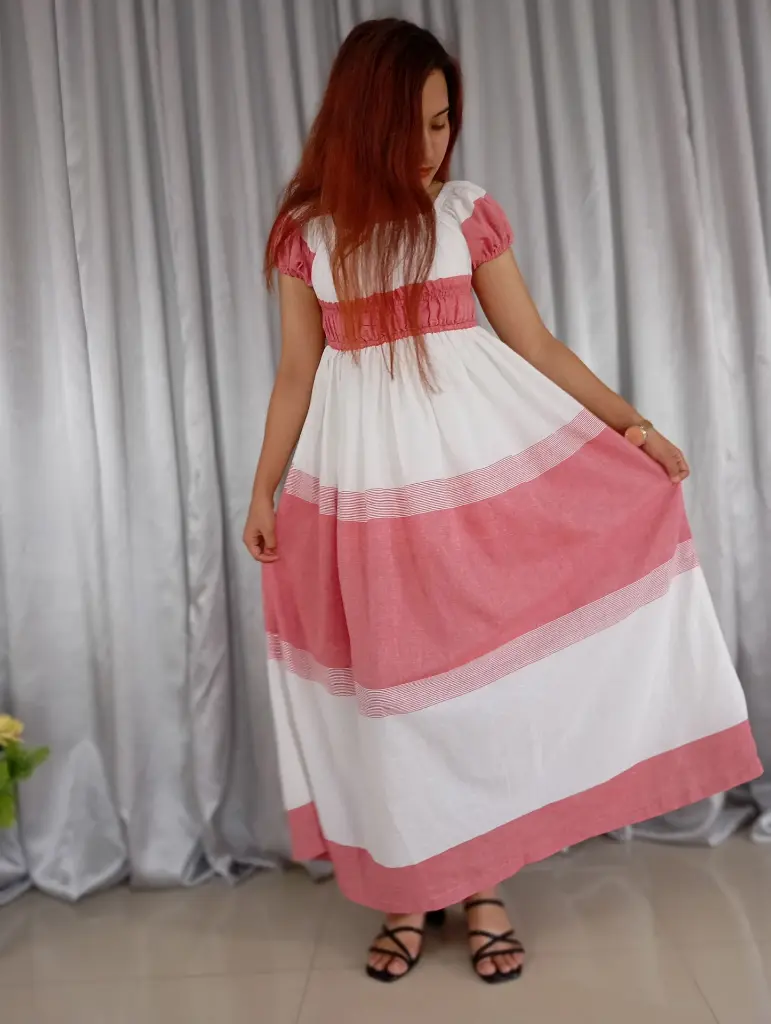 067 Cotton white pink horizontal pattern ruffle long dress (6).webp