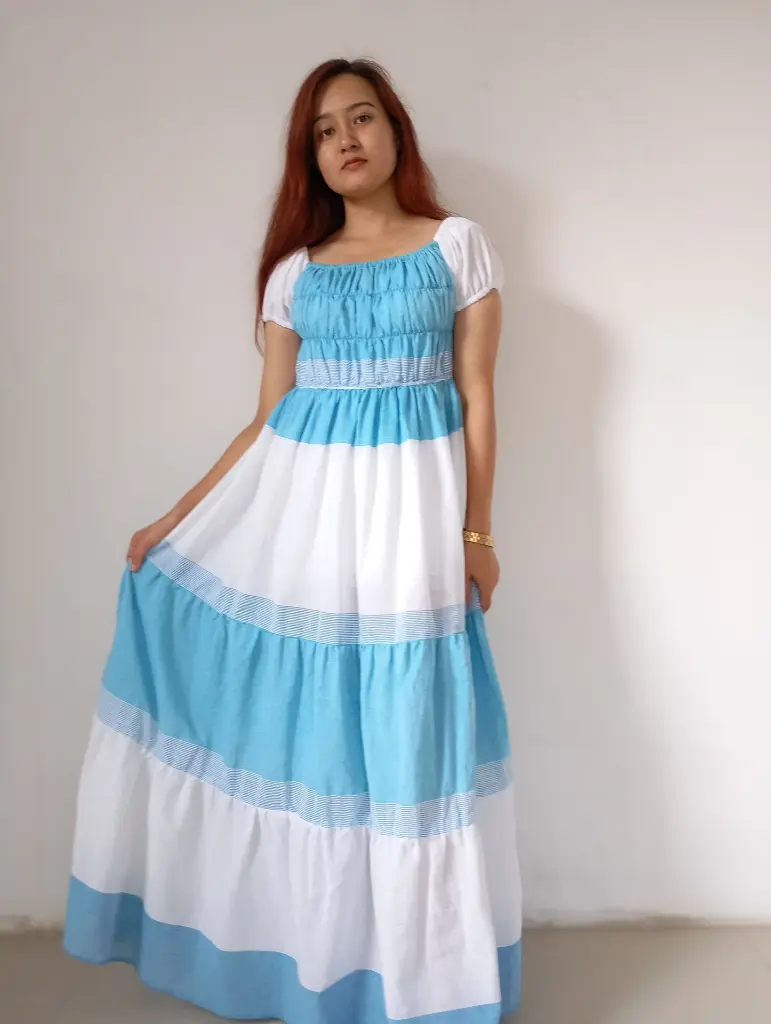 068 Cotton white light blue horizontal pattern ruffle long dress.webp