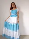 068 Cotton white light blue horizontal pattern ruffle long dress.webp