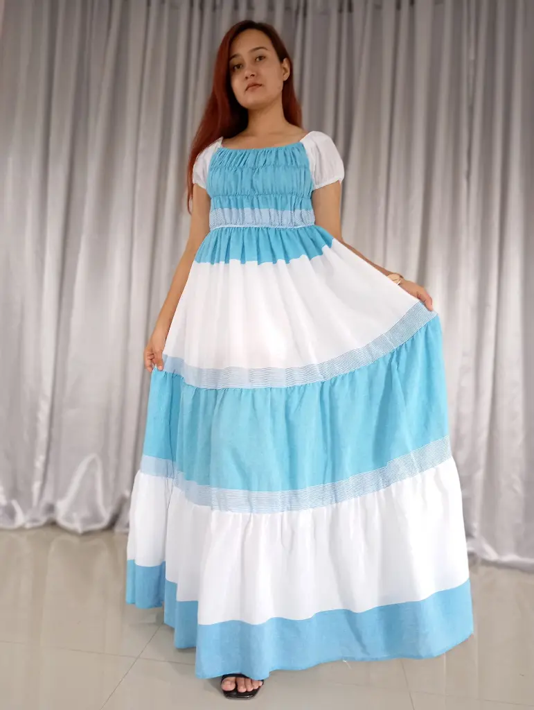 068 Cotton white light blue horizontal pattern ruffle long dress (4).webp