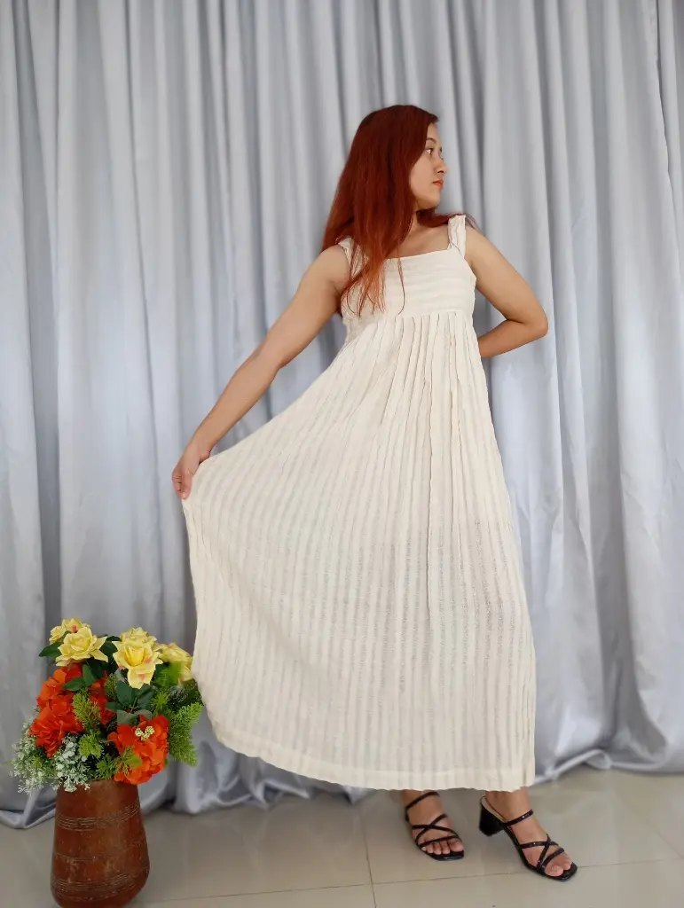 071 Hemp cotton white striped long dress with side stretch (16).webp