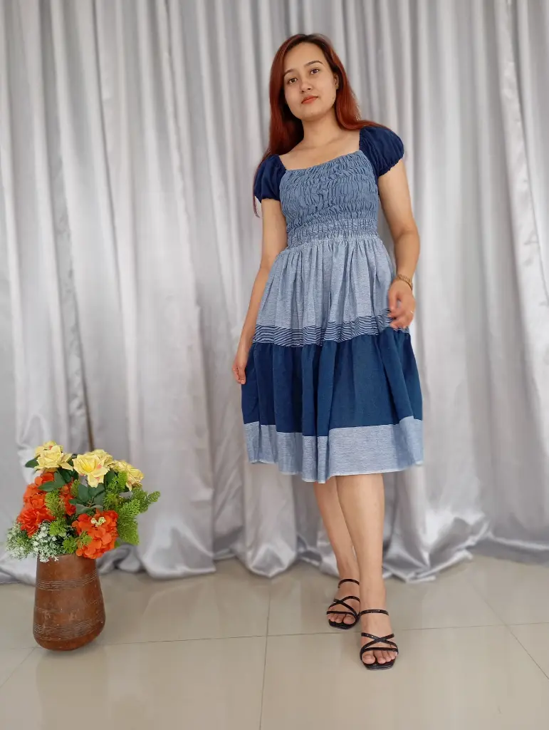 074 Cotton white dark blue horizontal pattern ruffle medium dress (15).webp