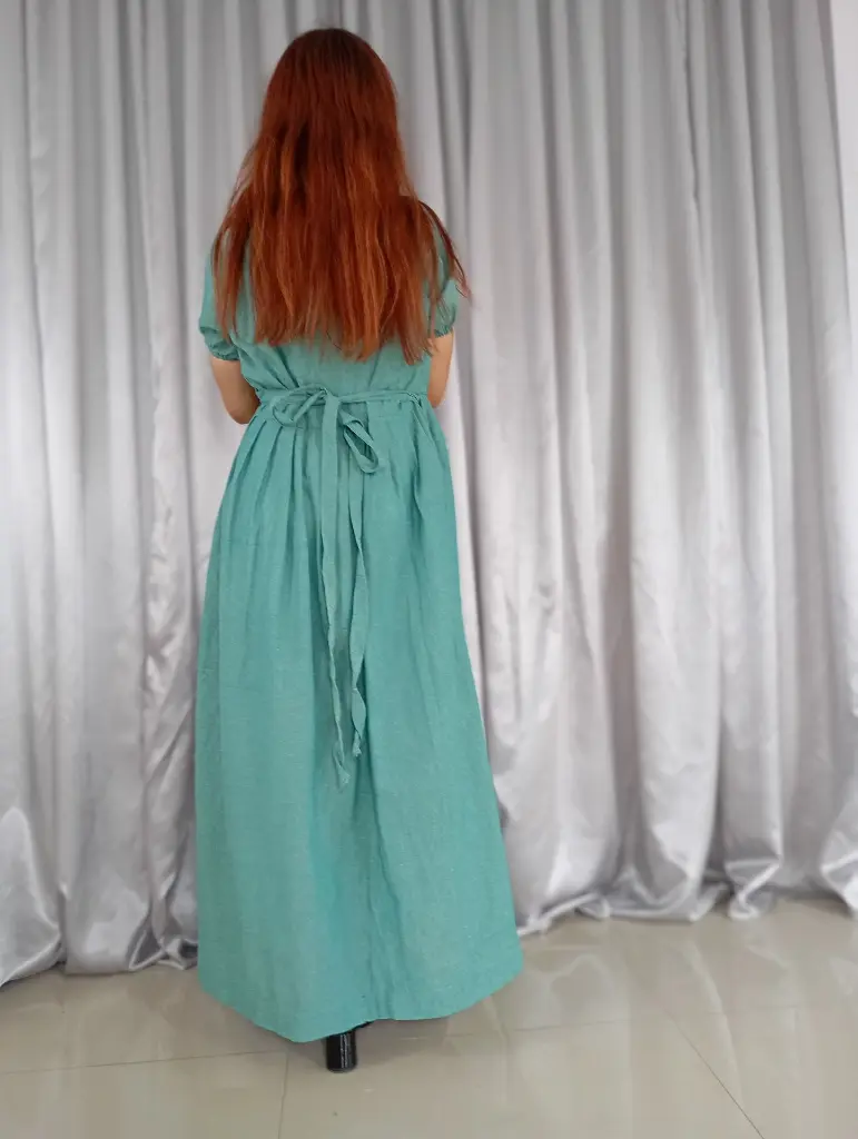 073 Hemp cotton bluish green long large wrapper dress (7).webp