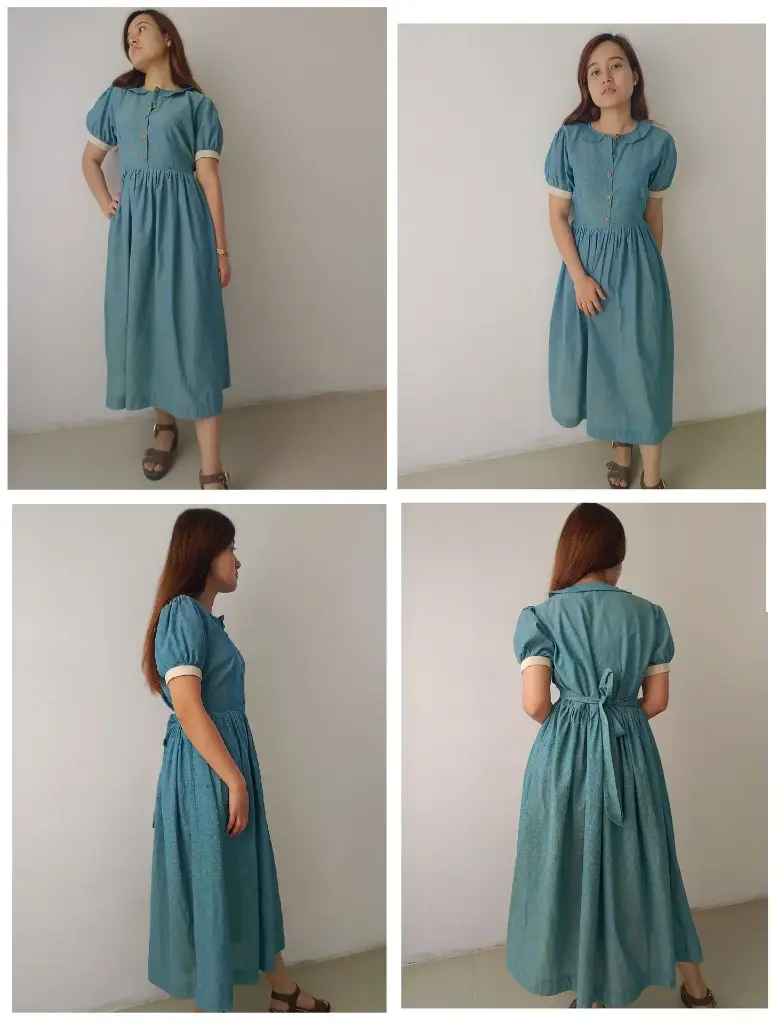 Hemp cotton blue green long classic dress