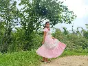 Hemp cotton white pink horizontal pattern mixed fabric long flexible dress