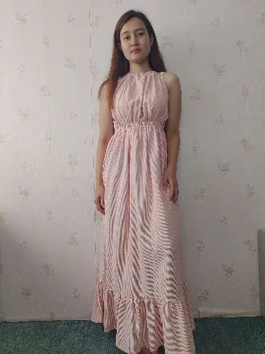 [026HMPCOT] Hemp cotton ink white stripe halter long gown