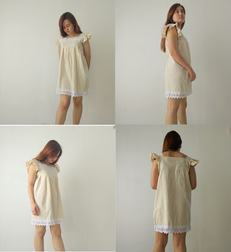 [007HMPCOT] Hemp cotton short sleeveless white dress with lace