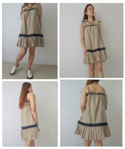 [013HMPCOT] Hemp cotton Short brown dress with black lace