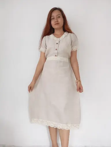 Linen hemp cotton medium sized dress with white lace